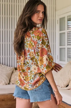 Gabriella Top - Mandarin Collar Deep V Neck Crochet Trim Top in Mimosa Print><noscript><img width=