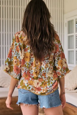 Gabriella Top - Mandarin Collar Deep V Neck Crochet Trim Top in Mimosa Print><noscript><img width=