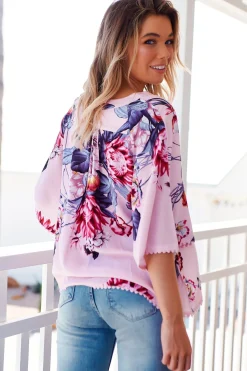 Gabriella Top - Mandarin Collar Deep V Neck Crochet Trim Top in Dahlia Print><noscript><img width=