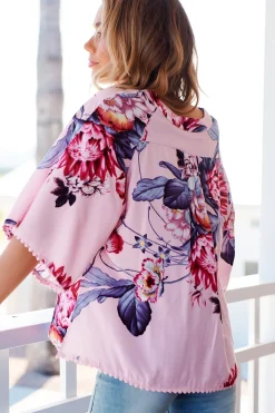 Gabriella Top - Mandarin Collar Deep V Neck Crochet Trim Top in Dahlia Print><noscript><img width=