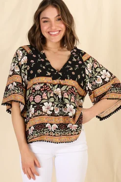 Gabriella Top - Mandarin Collar Deep V Neck Crochet Trim Top in Eternity Print><noscript><img width=