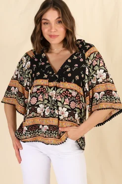 Gabriella Top - Mandarin Collar Deep V Neck Crochet Trim Top in Eternity Print><noscript><img width=