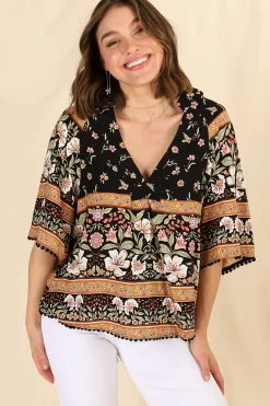 Gabriella Top - Mandarin Collar Deep V Neck Crochet Trim Top in Eternity Print><noscript><img width=