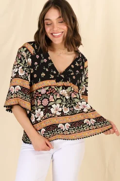 Gabriella Top - Mandarin Collar Deep V Neck Crochet Trim Top in Eternity Print><noscript><img width=