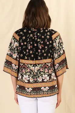 Gabriella Top - Mandarin Collar Deep V Neck Crochet Trim Top in Eternity Print><noscript><img width=