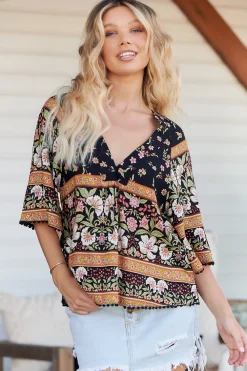 Gabriella Top - Mandarin Collar Deep V Neck Crochet Trim Top in Eternity Print><noscript><img width=
