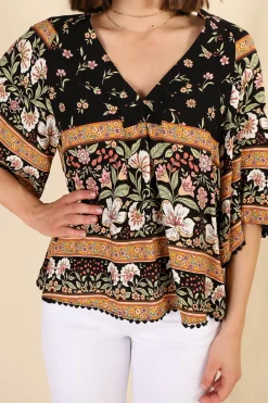 Gabriella Top - Mandarin Collar Deep V Neck Crochet Trim Top in Eternity Print><noscript><img width=