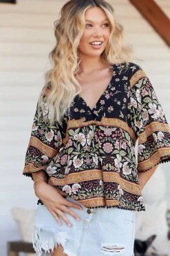 Gabriella Top - Mandarin Collar Deep V Neck Crochet Trim Top in Eternity Print><noscript><img width=