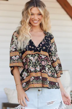 Gabriella Top - Mandarin Collar Deep V Neck Crochet Trim Top in Eternity Print><noscript><img width=