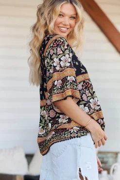 Gabriella Top - Mandarin Collar Deep V Neck Crochet Trim Top in Eternity Print><noscript><img width=