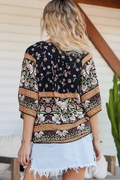 Gabriella Top - Mandarin Collar Deep V Neck Crochet Trim Top in Eternity Print><noscript><img width=