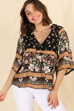 Gabriella Top - Mandarin Collar Deep V Neck Crochet Trim Top in Eternity Print><noscript><img width=