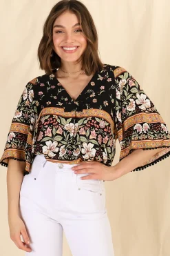 Gabriella Top - Mandarin Collar Deep V Neck Crochet Trim Top in Eternity Print><noscript><img width=