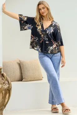 Gabriella Top - Mandarin Collar Deep V Neck Crochet Trim Top in Indigo Print>Jaase Outlet