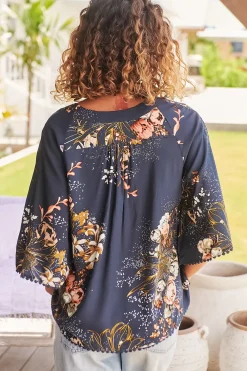 Gabriella Top - Mandarin Collar Deep V Neck Crochet Trim Top in Indigo Print><noscript><img width=