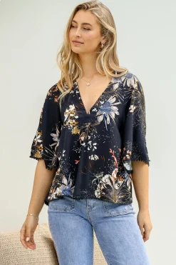Gabriella Top - Mandarin Collar Deep V Neck Crochet Trim Top in Indigo Print><noscript><img width=