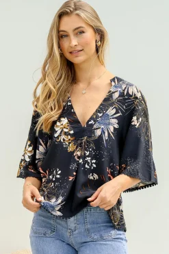 Gabriella Top - Mandarin Collar Deep V Neck Crochet Trim Top in Indigo Print><noscript><img width=