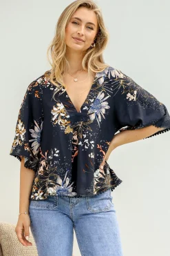 Gabriella Top - Mandarin Collar Deep V Neck Crochet Trim Top in Indigo Print><noscript><img width=
