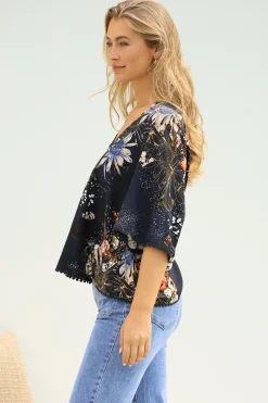 Gabriella Top - Mandarin Collar Deep V Neck Crochet Trim Top in Indigo Print><noscript><img width=