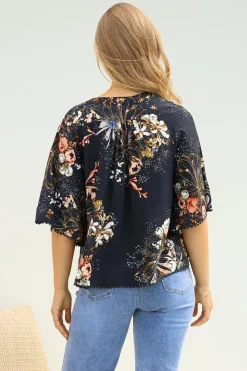 Gabriella Top - Mandarin Collar Deep V Neck Crochet Trim Top in Indigo Print><noscript><img width=