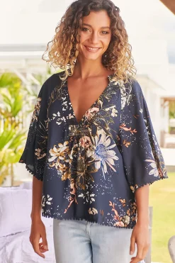 Gabriella Top - Mandarin Collar Deep V Neck Crochet Trim Top in Indigo Print><noscript><img width=