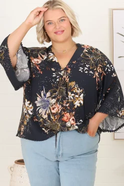 Gabriella Top - Mandarin Collar Deep V Neck Crochet Trim Top in Indigo Print><noscript><img width=
