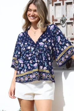 Gabriella Top - Mandarin Collar Deep V Neck Crochet Trim Top in Wild Indigo Print><noscript><img width=