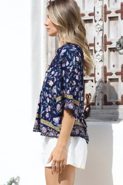 Gabriella Top - Mandarin Collar Deep V Neck Crochet Trim Top in Wild Indigo Print><noscript><img width=