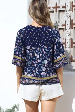 Gabriella Top - Mandarin Collar Deep V Neck Crochet Trim Top in Wild Indigo Print><noscript><img width=