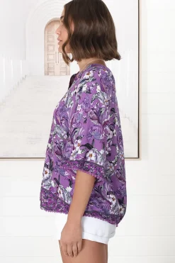 Gabriella Top - Mandarin Collar Deep V Neck Crochet Trim Top in Rhodium Print><noscript><img width=