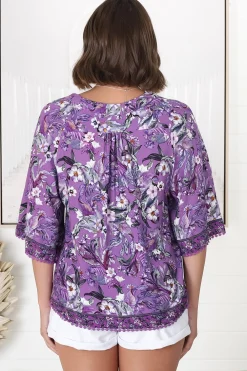 Gabriella Top - Mandarin Collar Deep V Neck Crochet Trim Top in Rhodium Print><noscript><img width=