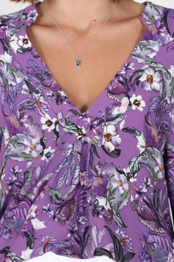 Gabriella Top - Mandarin Collar Deep V Neck Crochet Trim Top in Rhodium Print><noscript><img width=