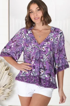 Gabriella Top - Mandarin Collar Deep V Neck Crochet Trim Top in Rhodium Print><noscript><img width=