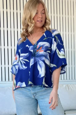 Gabriella Top - Mandarin Collar Deep V Neck Crochet Trim Top in Asteria Print><noscript><img width=