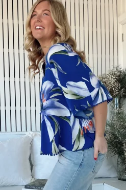 Gabriella Top - Mandarin Collar Deep V Neck Crochet Trim Top in Asteria Print><noscript><img width=