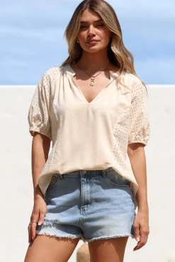 Geneva Top - Mandarin Neck Relaxed Top with Cut Out Detailing in Cream><noscript><img width=