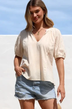 Geneva Top - Mandarin Neck Relaxed Top with Cut Out Detailing in Cream><noscript><img width=
