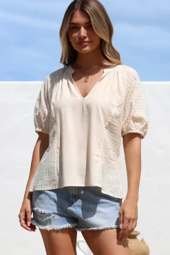 Geneva Top - Mandarin Neck Relaxed Top with Cut Out Detailing in Cream><noscript><img width=