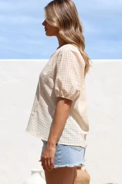 Geneva Top - Mandarin Neck Relaxed Top with Cut Out Detailing in Cream><noscript><img width=