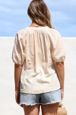 Geneva Top - Mandarin Neck Relaxed Top with Cut Out Detailing in Cream><noscript><img width=