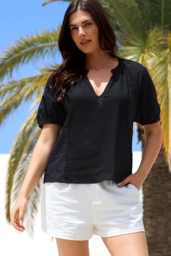 Geneva Top - Mandarin Neck Relaxed Top with Cut Out Detailing in Black>Salty Crush New