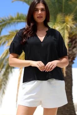 Geneva Top - Mandarin Neck Relaxed Top with Cut Out Detailing in Black><noscript><img width=
