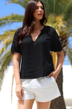 Geneva Top - Mandarin Neck Relaxed Top with Cut Out Detailing in Black><noscript><img width=