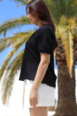 Geneva Top - Mandarin Neck Relaxed Top with Cut Out Detailing in Black><noscript><img width=