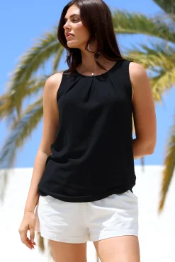 Genevieve Top - Crew Neck Sleeveless Linen Blend Top in Black>Salty Crush Online