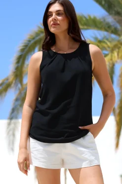 Genevieve Top - Crew Neck Sleeveless Linen Blend Top in Black><noscript><img width=
