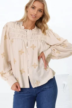 Gigi Blouse - Floral Embroidery Frill Collar Button Down Blouse in Beige><noscript><img width=