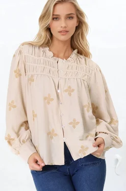 Gigi Blouse - Floral Embroidery Frill Collar Button Down Blouse in Beige><noscript><img width=