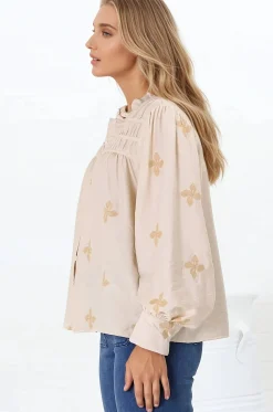 Gigi Blouse - Floral Embroidery Frill Collar Button Down Blouse in Beige><noscript><img width=