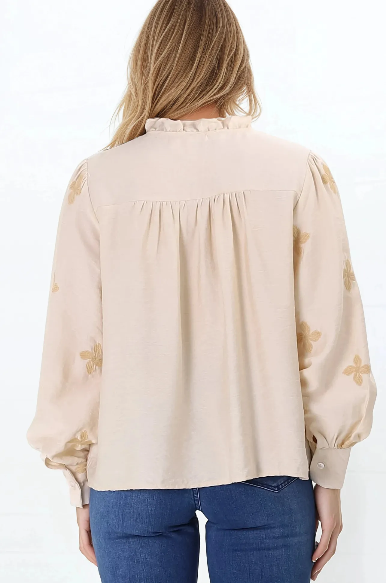 Gigi Blouse - Floral Embroidery Frill Collar Button Down Blouse in Beige>Salty Crush Online